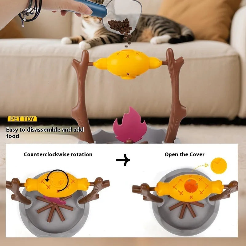 Barbecue-style plastic cat food dispenser toy for tumbling play and slow feeding