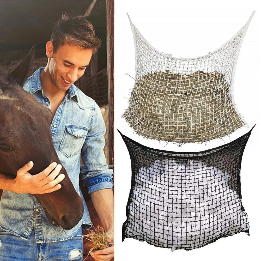 Black woven PE rope grid hanging feeding bag for horses, cattle and sheep.
