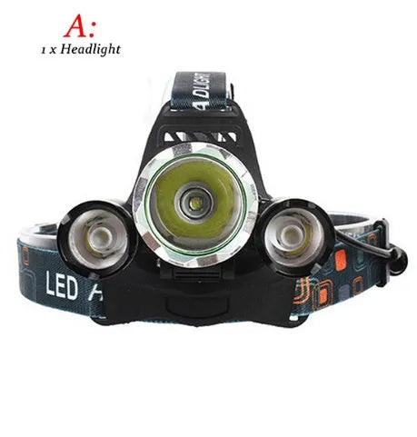 Rechargeable aluminium LED headlamp with adjustable elastic headband, showing 360-degree rotation and Hawkeye lens.
