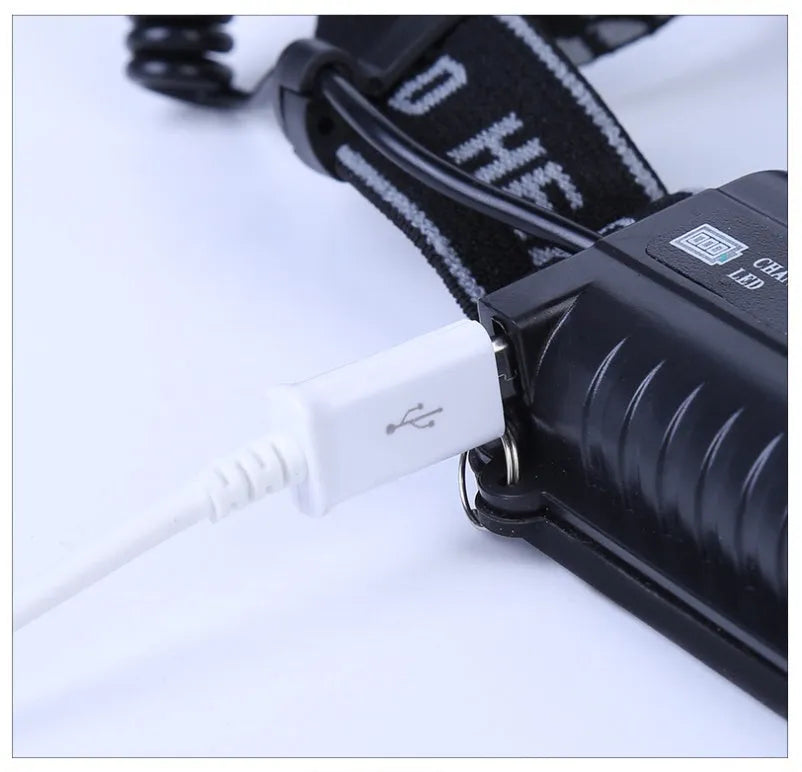 Outdoor waterproof head torch with long-range LED beam on adjustable head strap.