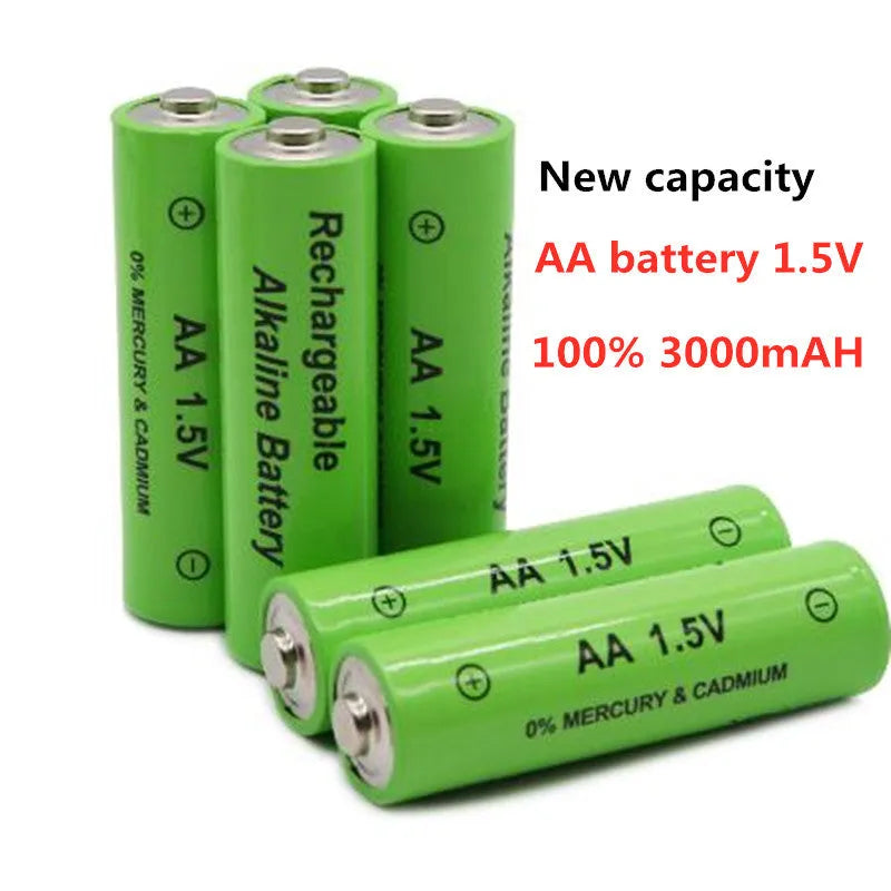Pack of green AA alkaline rechargeable batteries labelled 3000mAh 1.5V