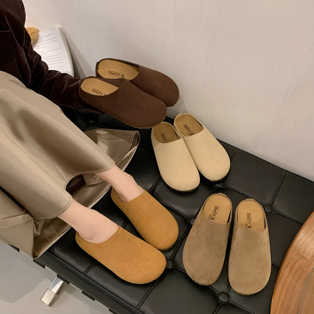 Korean style flat slip-on slippers in apricot colour with a square toe and PU sole.
