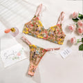 Floral pattern polyester mesh bra with steel ring T-back and matching brief in skin colour.