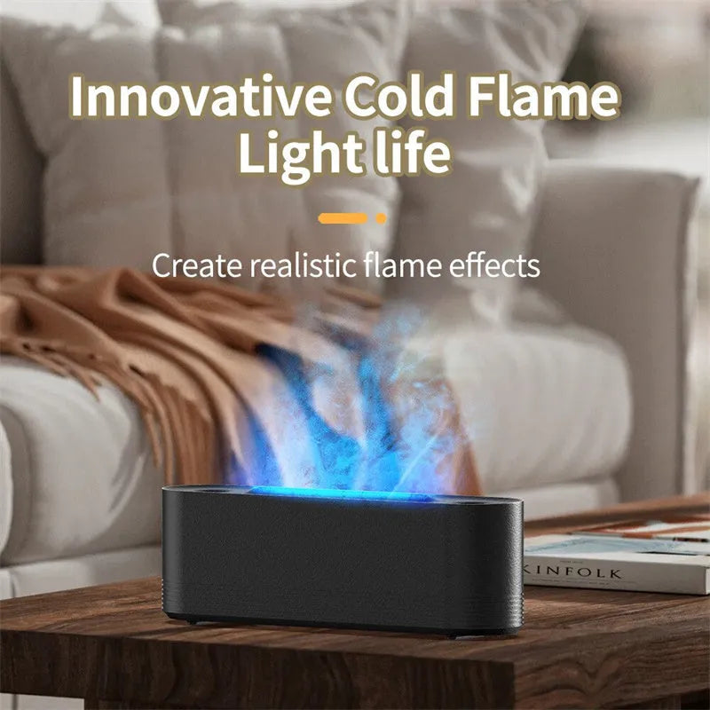 Black and white ultrasonic flame air humidifier and aroma diffuser with LED lights on a table.