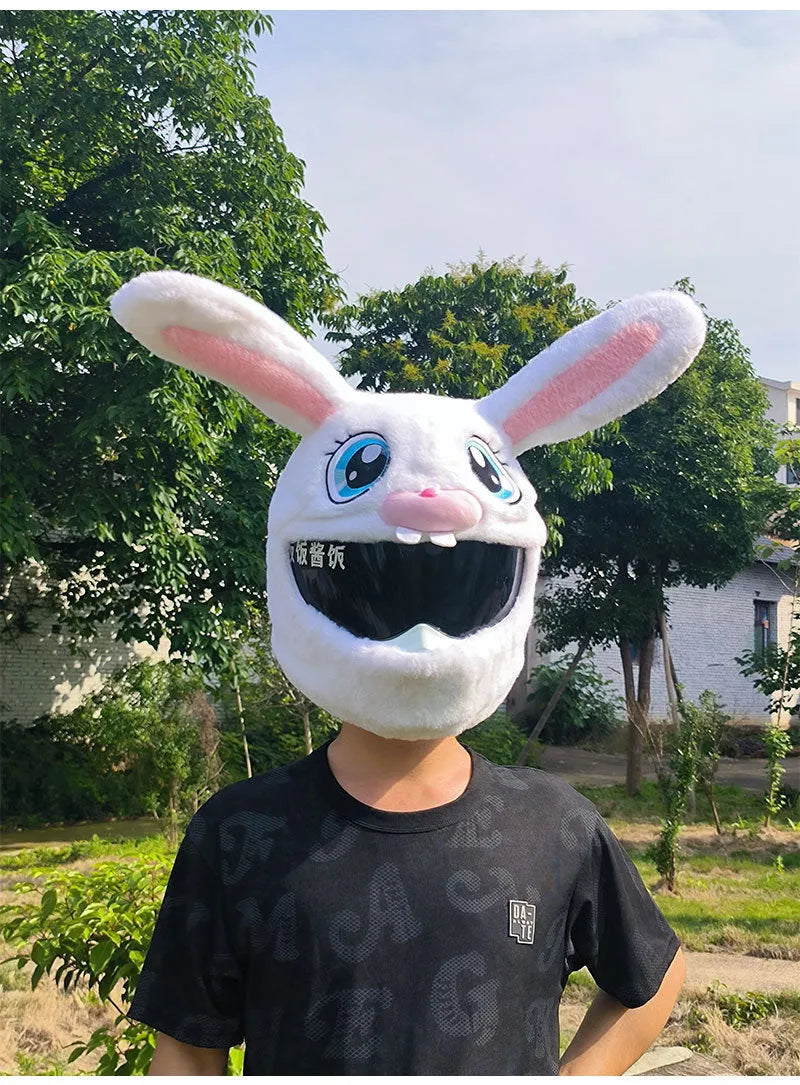 White decorative rabbit head helmet cover for electric motorcycles with plush lining.
