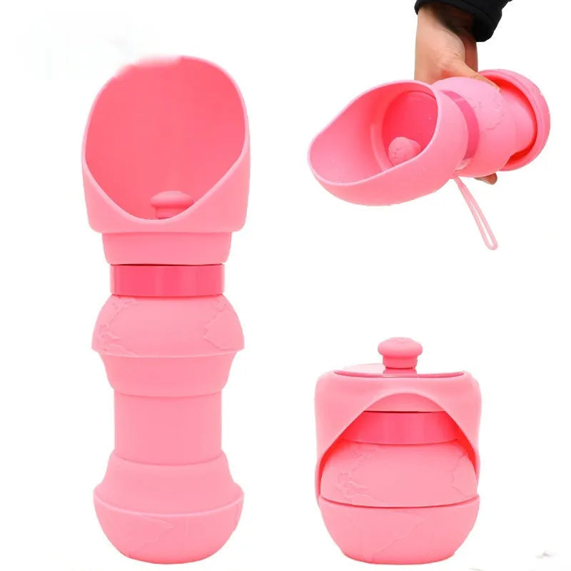Collapsed and unfolded pink silicone folding water bowl for pets on a table.