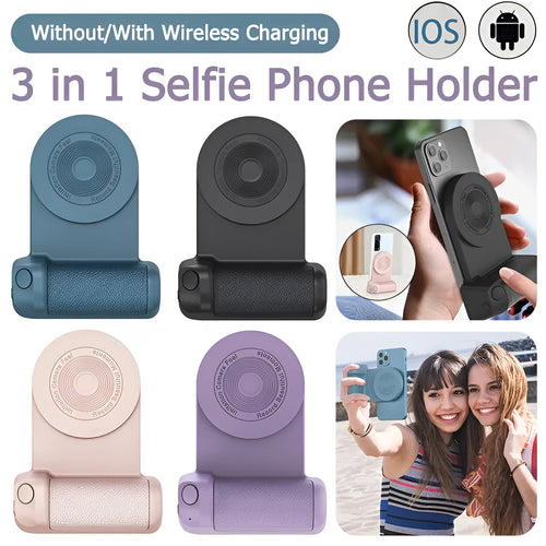 Black 3-in-1 magnetic phone camera handle with rotatable stand and PU leather grip