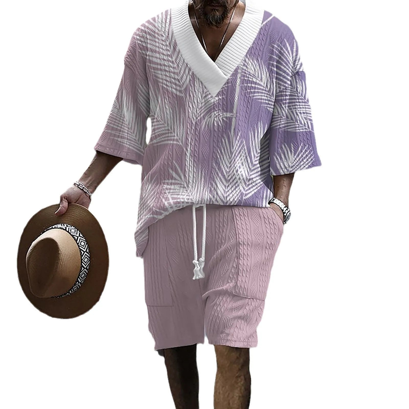 Men's printed drop-shoulder knitted short-sleeved top and matching shorts suit in a polyester blend fabric.