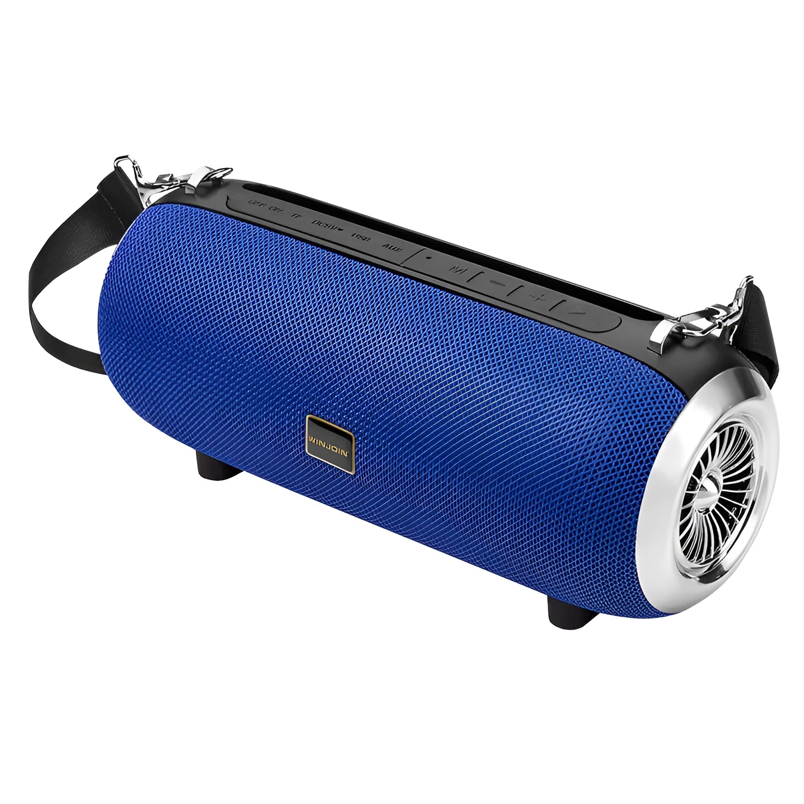 F666 mini Bluetooth speaker in square fabric design with shoulder strap and mobile phone stand