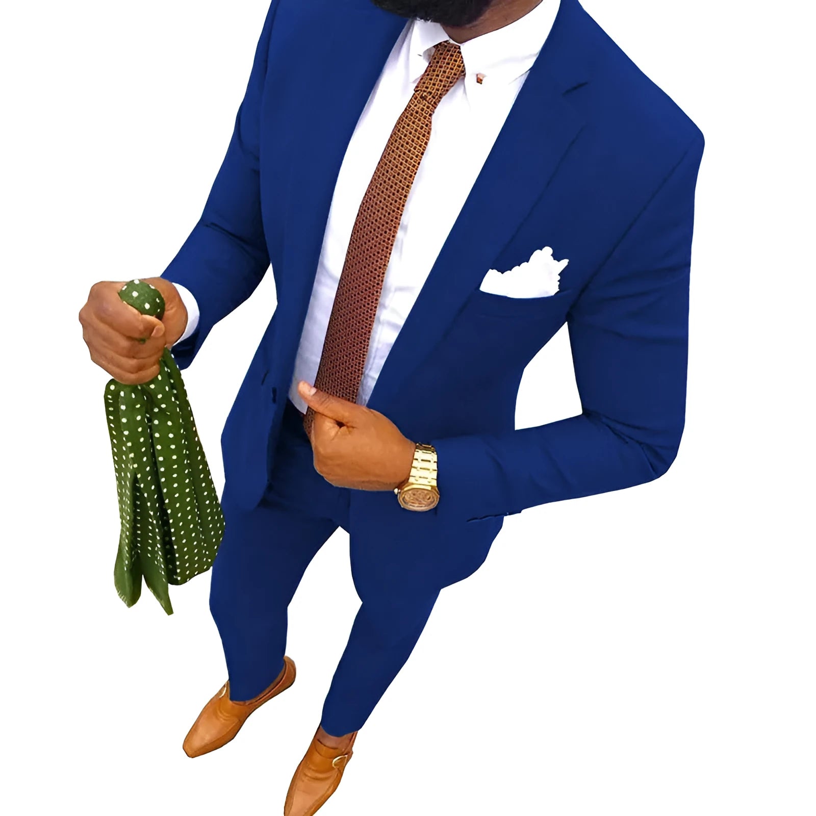 Men's two-piece suit in a choice of colours, showing jacket and trousers for formal banquet wear.