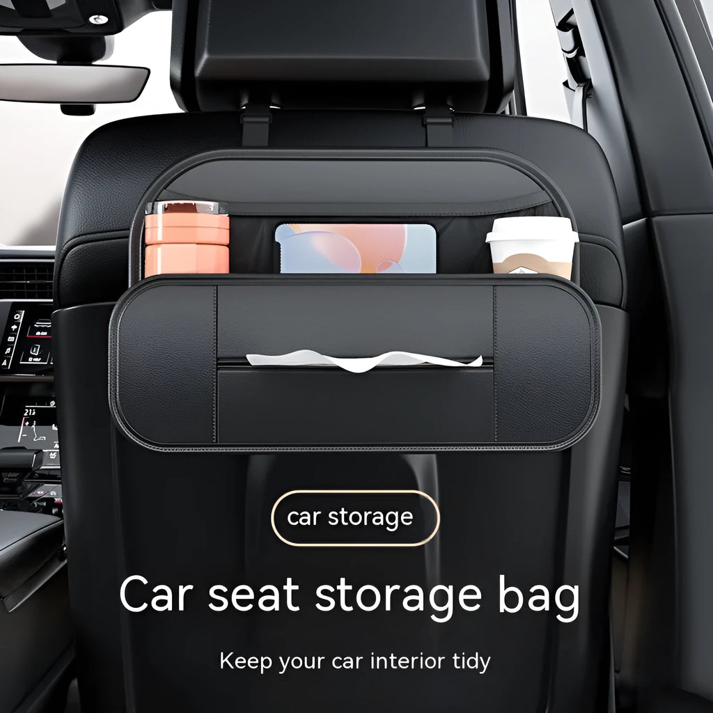 Black leather car seat rear storage bag showing dimensions and compartments for vehicle organisation