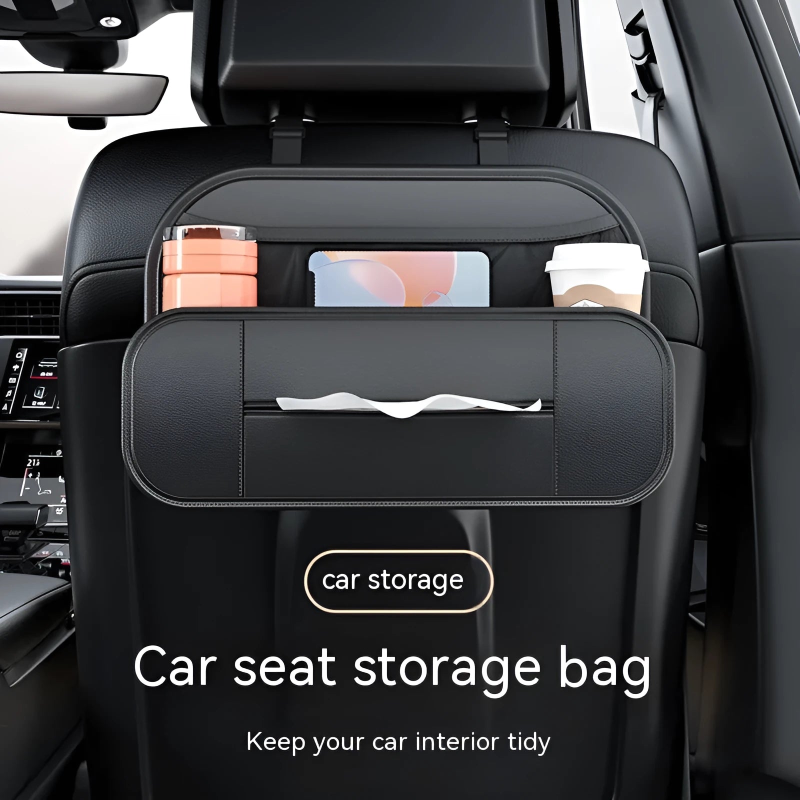 Black leather car seat rear storage bag showing dimensions and compartments for vehicle organisation