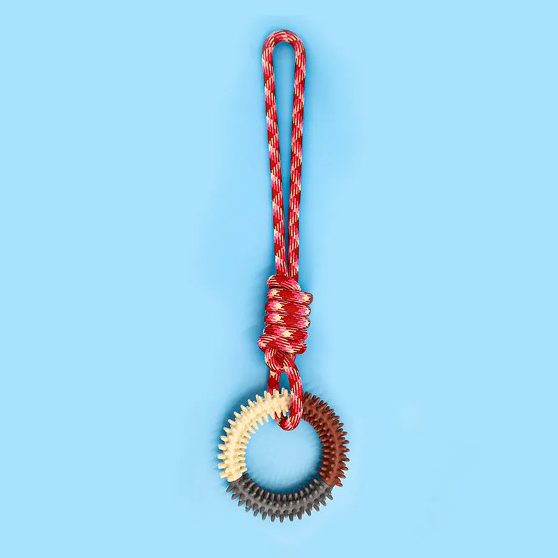 Blue, red, and rose red braided rope puppy knot dog toy showing knotted design