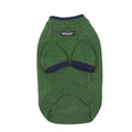 British style woollen dog sweater with contrast colour trim on a dog, showing two-leg design.