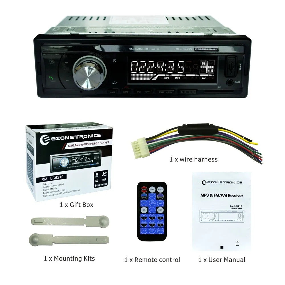 EZONETRONICS car Bluetooth FM stereo receiver with USB and SD slots, front panel with buttons and display