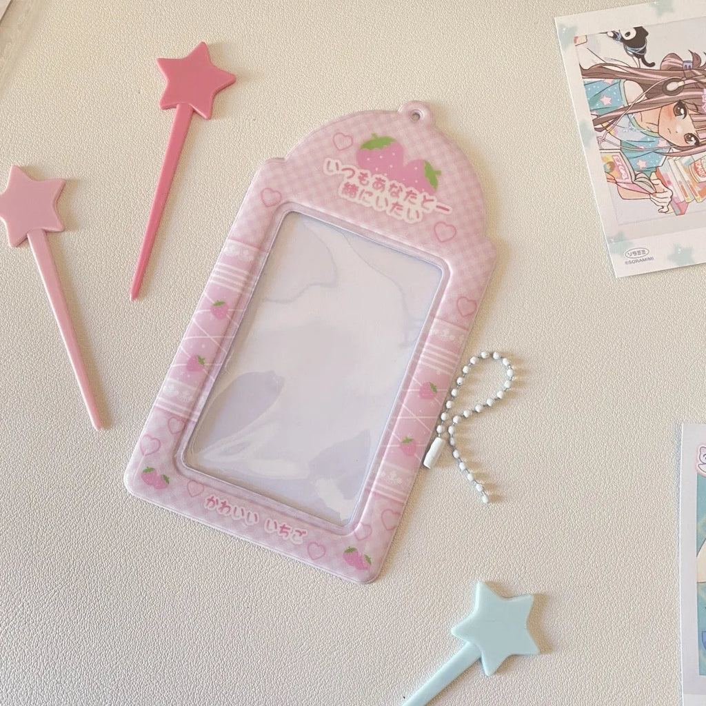 Original plaid PVC card holder pendant in strawberry cartoon design.