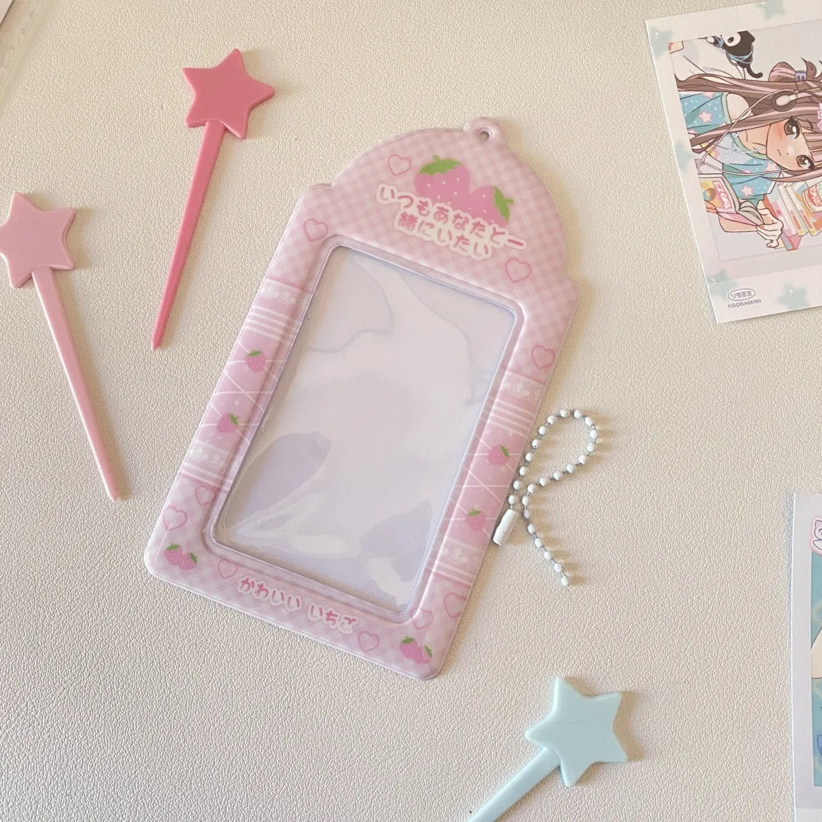 Original plaid PVC card holder pendant in strawberry cartoon design.