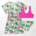 Girls' floral two-piece swimsuit with matching split overlayer in polyester fabric