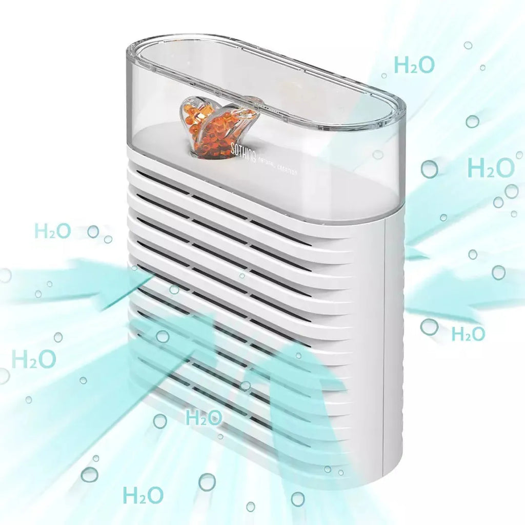 White reusable cabinet dehumidifier box with transparent top showing colour-changing silica gel beads