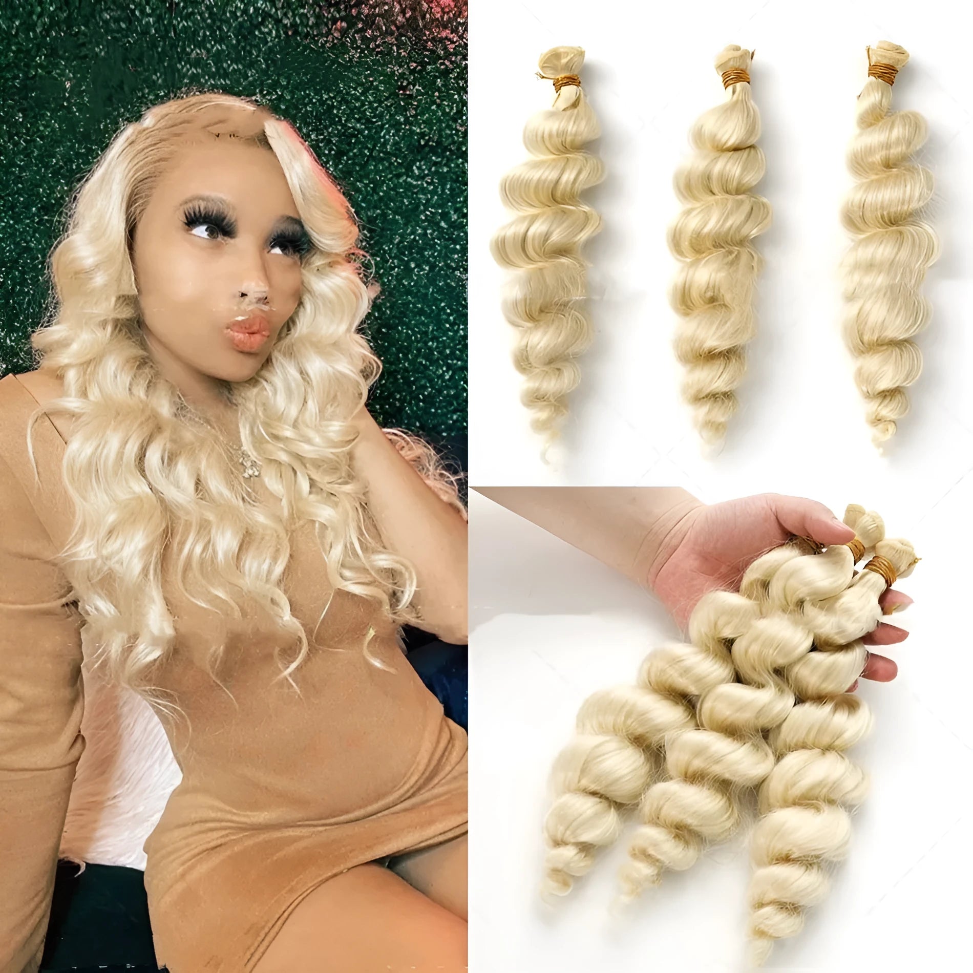 Golden synthetic women's wig showing length options of 18, 20 and 22 inches