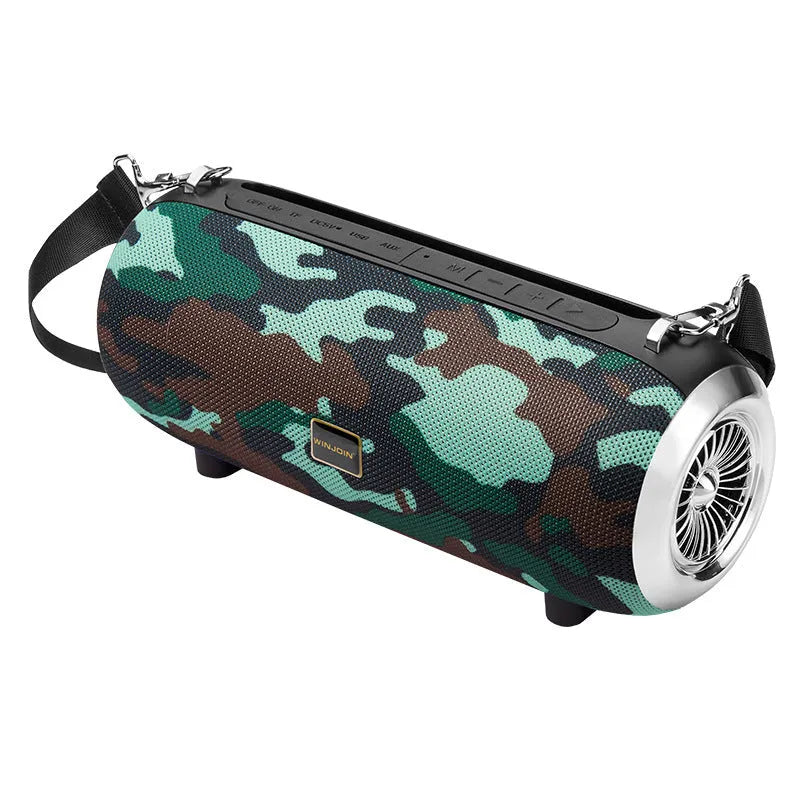 F666 mini Bluetooth speaker in square fabric design with shoulder strap and mobile phone stand