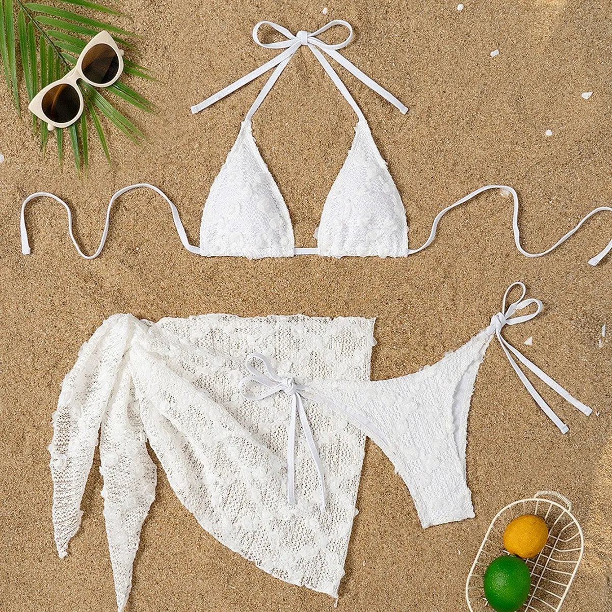 White women's split bikini mesh halter bandage swimsuit with apron, size S M L, polyester
