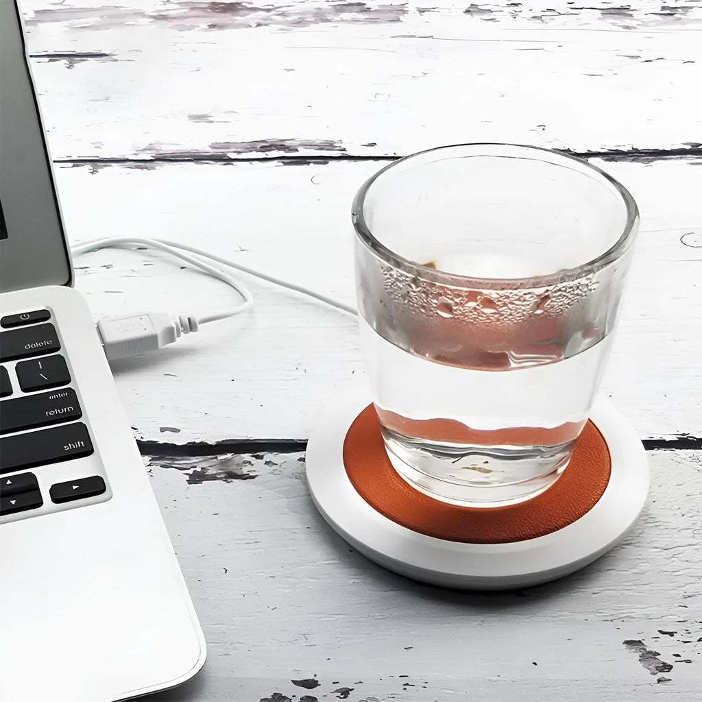 Black USB heating coaster with 85mm diameter showing cup placement for beverage warming