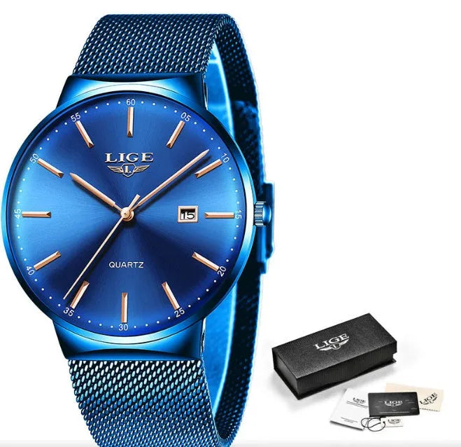 Stainless steel men's analogue wristwatch with 40mm dial in black, blue, or black-blue colour.