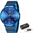 Stainless steel men's analogue wristwatch with 40mm dial in black, blue, or black-blue colour.