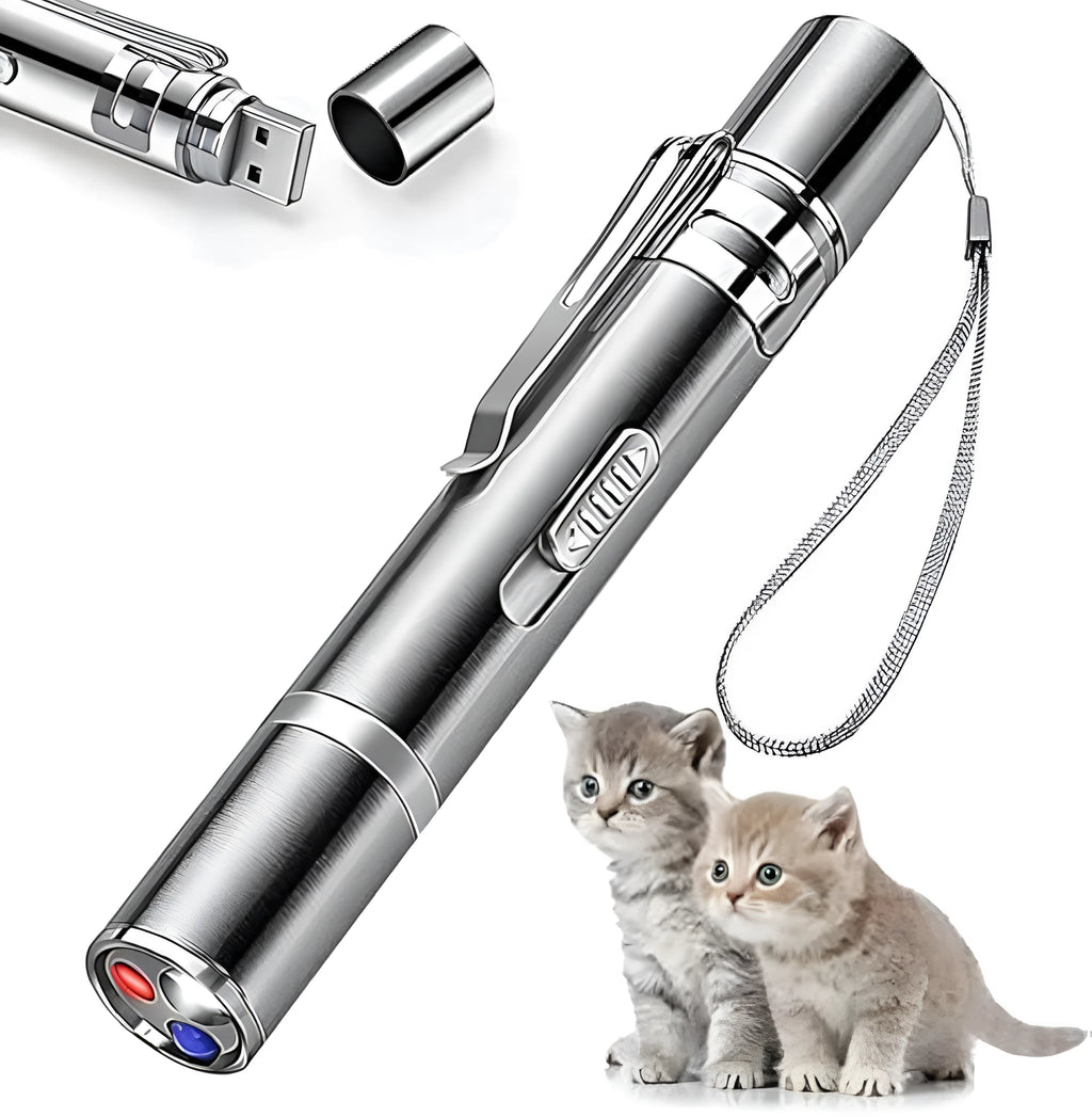 Silver aluminium cat laser pointer toy with USB charging and metal clip