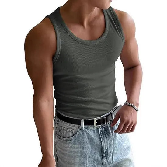 Men's slim fit round neck sports T-shirt in polyester fabric on a hanger