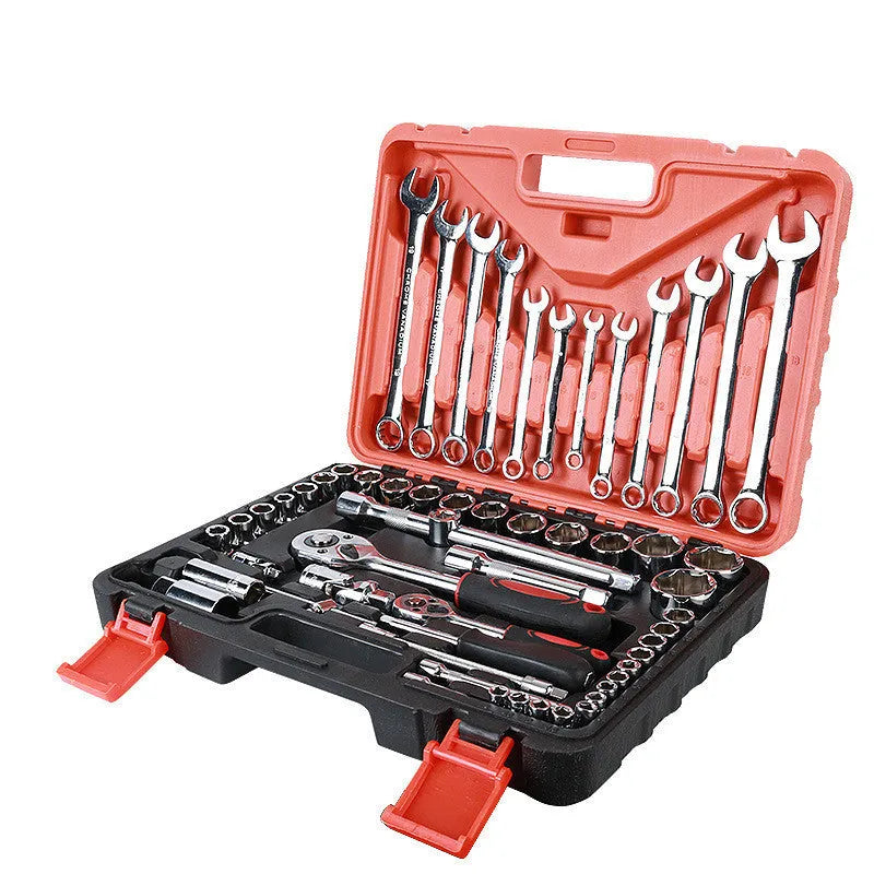 61-piece chrome vanadium steel car repair socket and wrench tool set with ratchets, laid out in case.