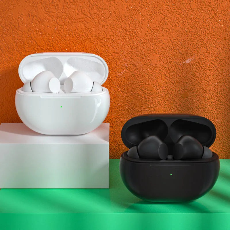 Pro4 Bluetooth wireless headset in black or white with its compact charging case on a dark background.