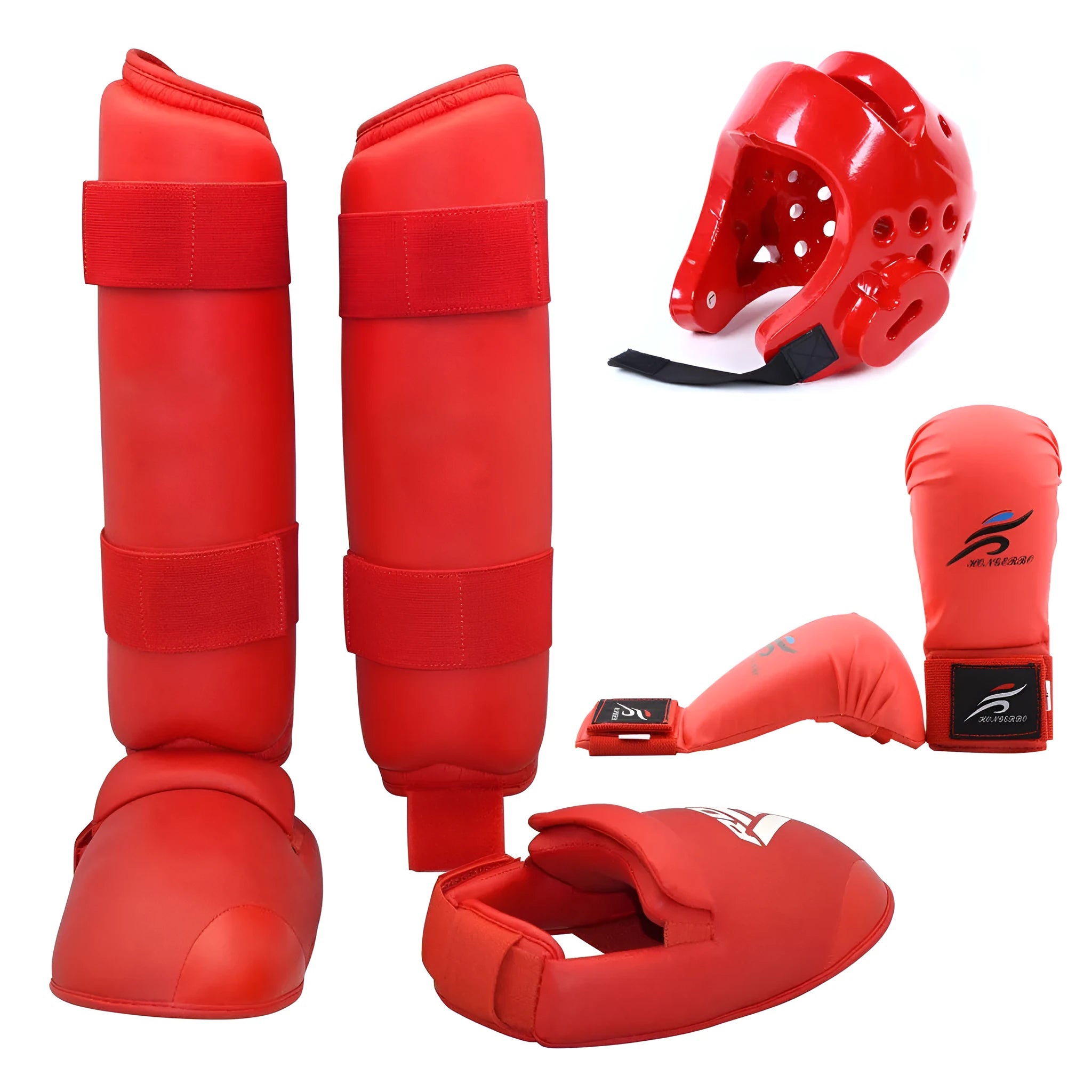 Red and blue karate protective gear set with helmet, boxing gloves, and leg guard