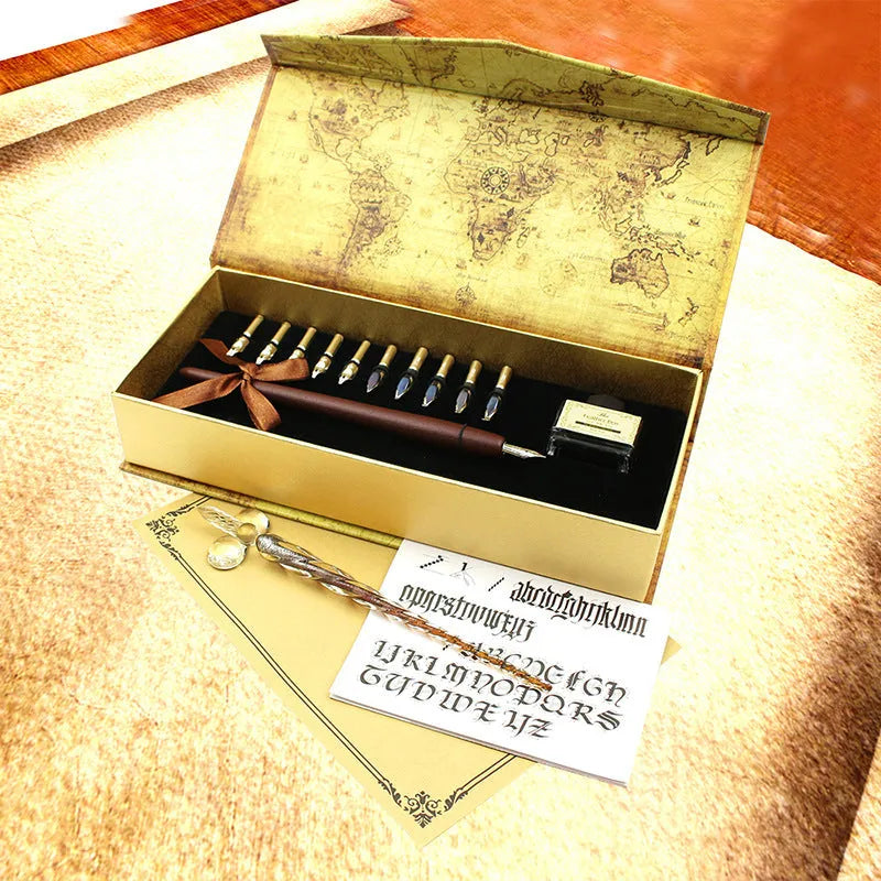 Handmade glass crystal wooden dip pen set in gift box with stainless steel nib