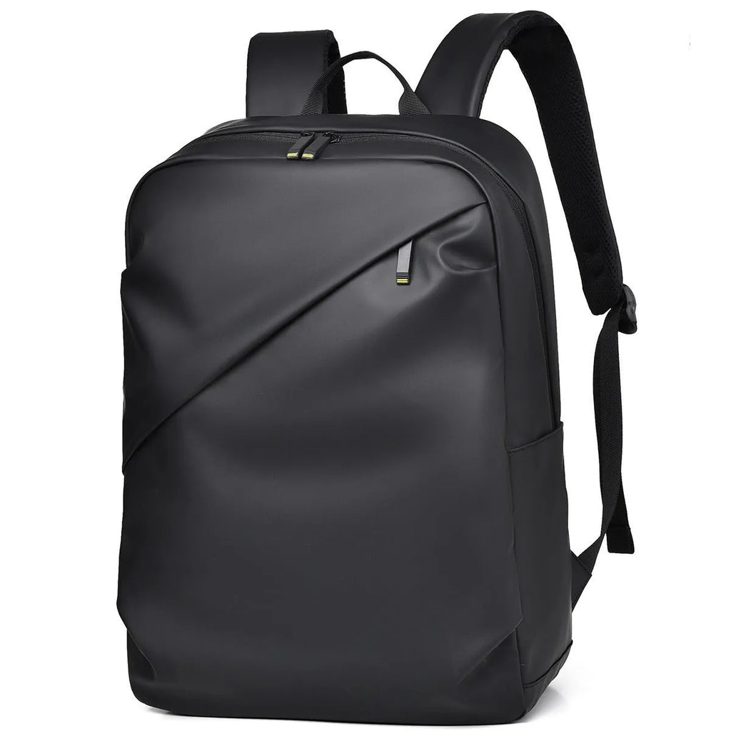 Large black waterproof PU backpack with sewing thread details and separate laptop bag