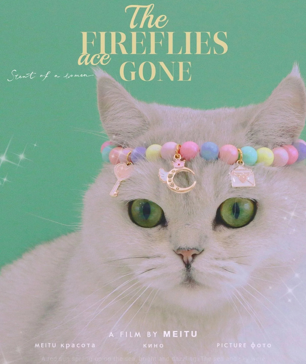 Macaron-coloured resin pet collar headdress with moon, meteor, and crown decorations on a small dog