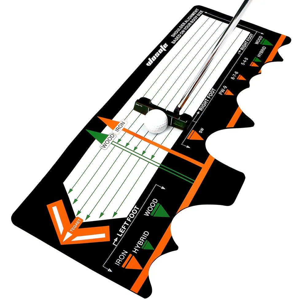 Black neoprene golf swing posture training pad on a practice surface