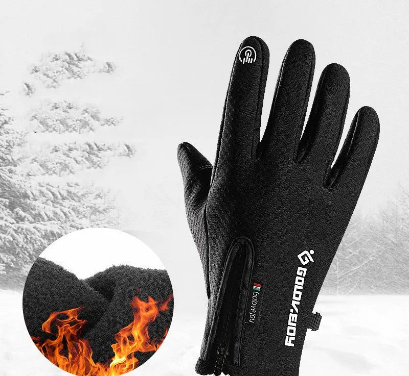 Polar fleece winter cycling gloves with split finger design in black, front view