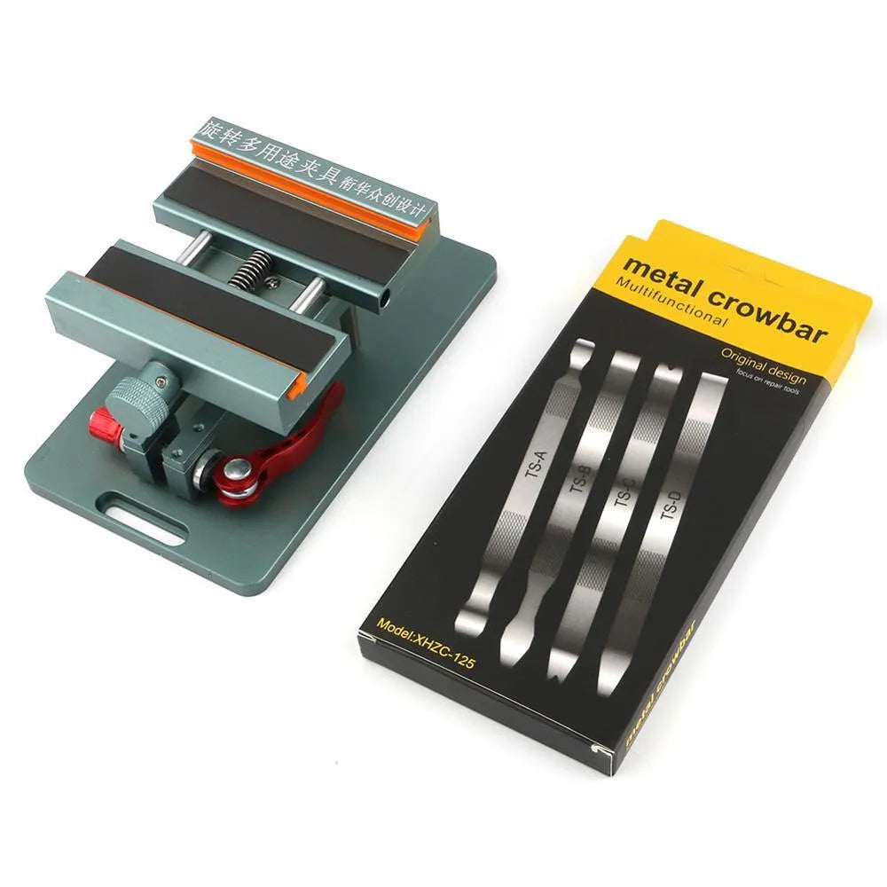 Mobile phone repair fixture tool with silicone grips and adjustable clamp for disassembly.