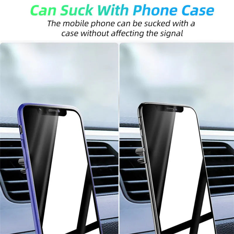 Black magnetic car phone holder clipped to a car air vent, holding a mobile phone, with a fragrant slice inserted.