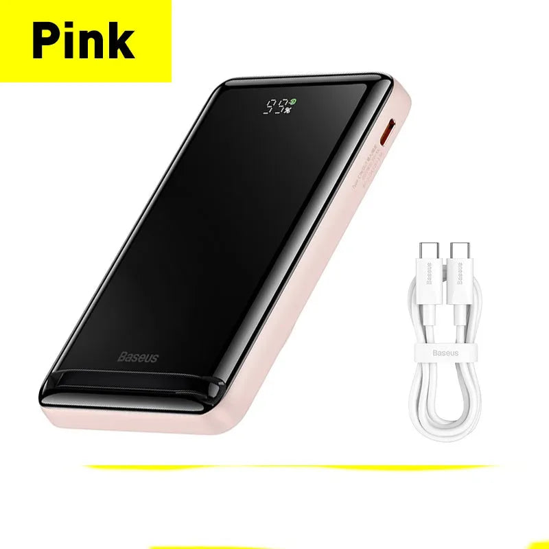 Blue 3-in-1 slim magnetic power bank showing wireless charging surface and compact size