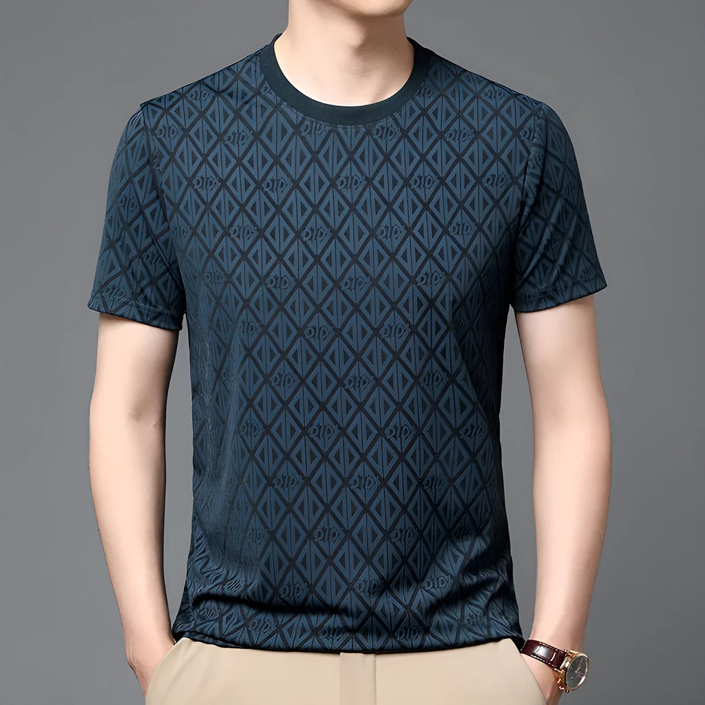 Men's black jacquard pattern short sleeve t-shirt with round neck and loose fit