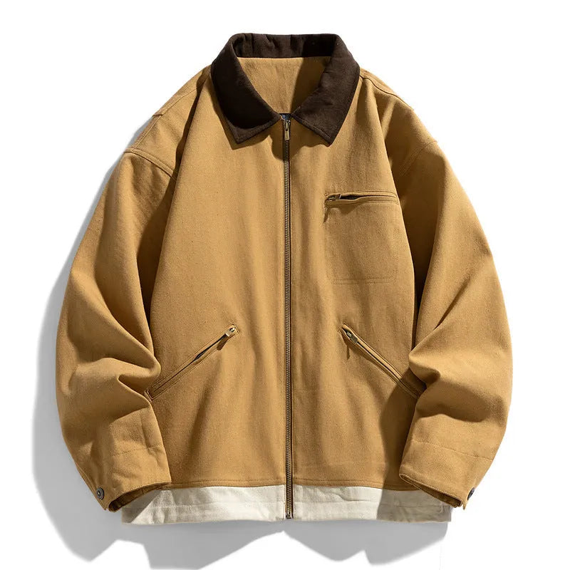 Korean style men's loose fit autumn jacket with contrast colour lapels and side seam pockets