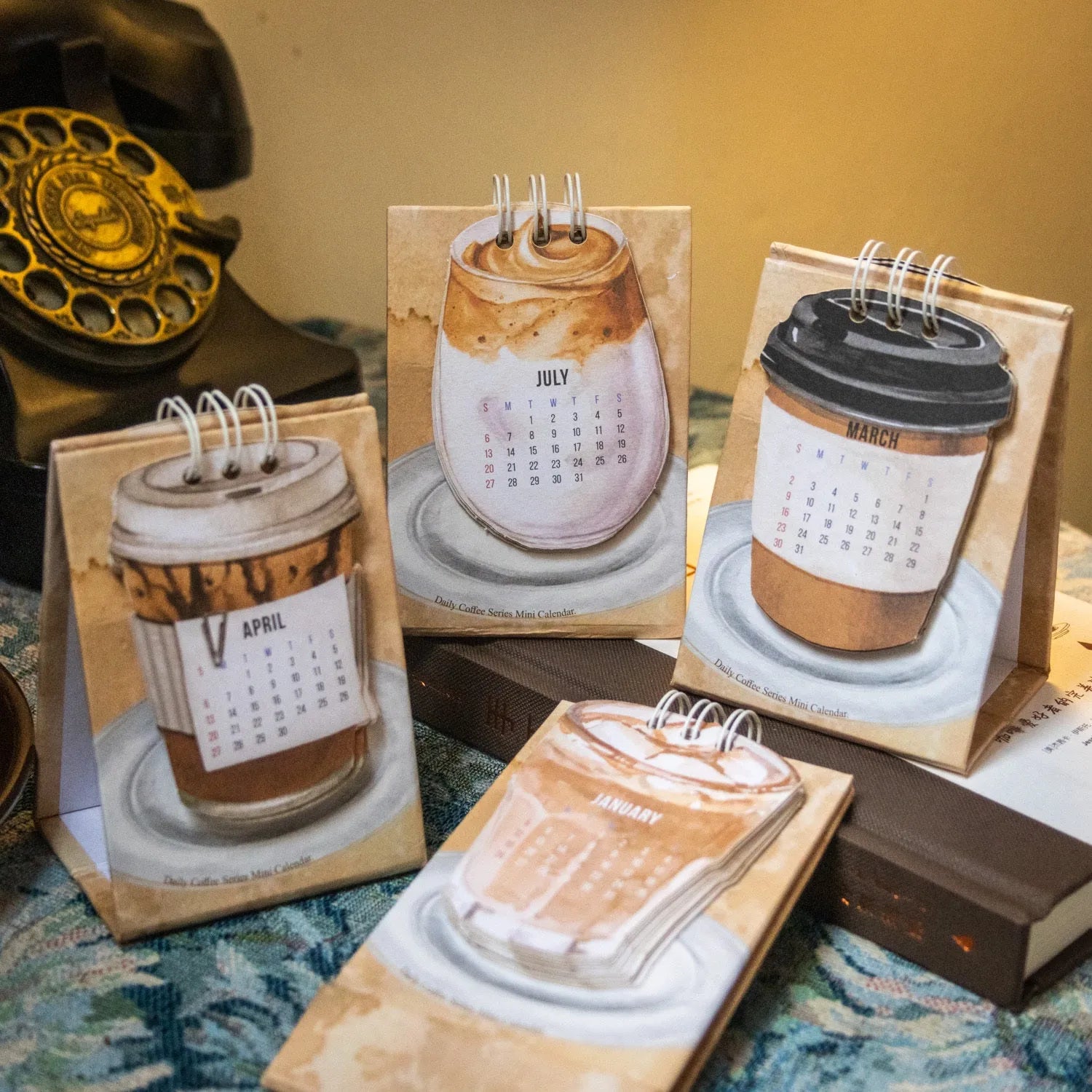 Mini desk calendar 2025 with coffee themed designs including four model options
