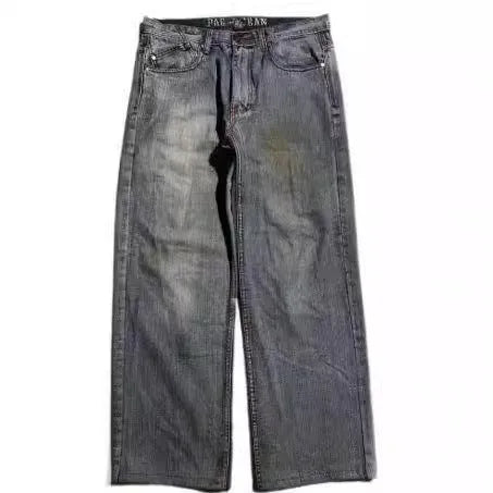 Men's grey wide-leg straight-cut jeans with a washed-out retro workwear design.