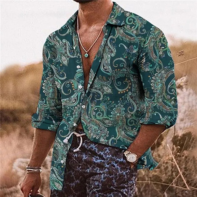 Man wearing a loose fit long sleeve shirt with a detailed 3D flower pattern print