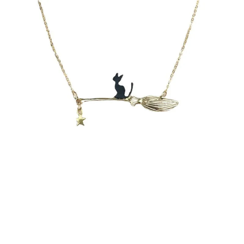 Halloween black cat alloy necklace for women in gold, silver, black cat gold, or black cat silver finishes.