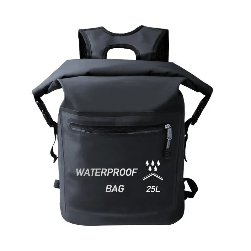 Black waterproof backpack dry bag with 25 litre capacity for water sports