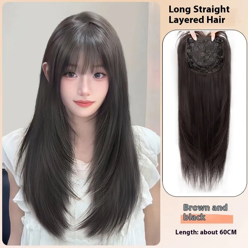 Long straight layered full-head wig in black with hair net construction and high-temperature fibre material